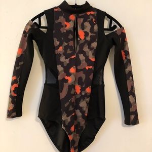 High neck army print bodysuit with mesh inserts
